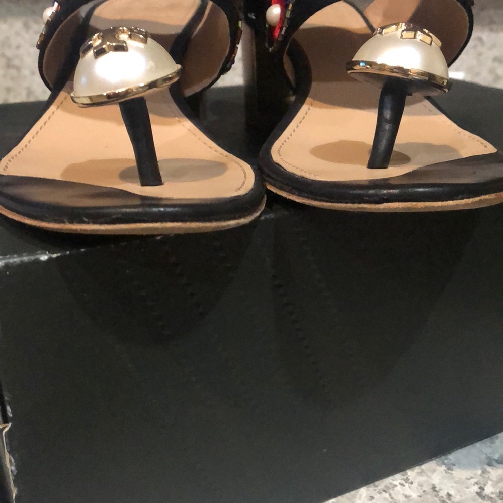 Tory Burch Estella Satin Bejeweled Pearl Block Sandal Sz 5 - Picture 11 of 16